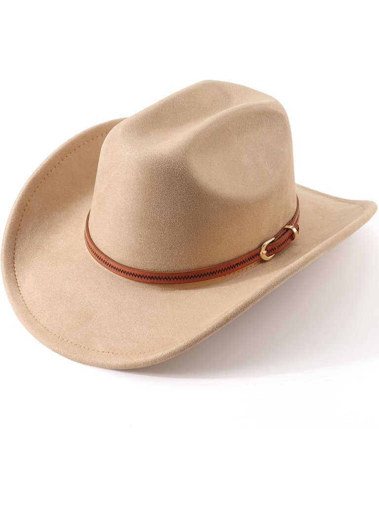 Unisex Camel Pull-On Classic Felt Wide Brim With Belt Buckle Western Cowboy Hat